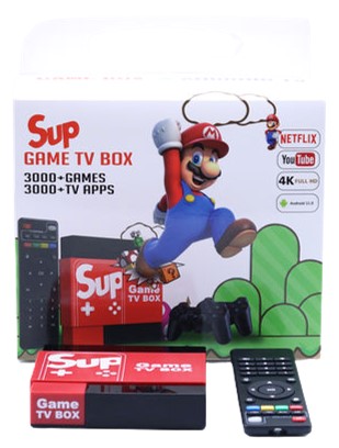 SUP GAME + TV BOX | SISTEMA ANDROID 11 | RESOLUCIÓN FULL HD | WIFI | INCLUYE NETFLIX Y YOUTUBE | MÁS DE 3000 JUEGOS | SALIDA HDMI | INCLUYE 2 CONTROLES INALMABRICOS | INCLUYE ESTUCHE | 40GB DE MEMORIA | 2GB DE RAM