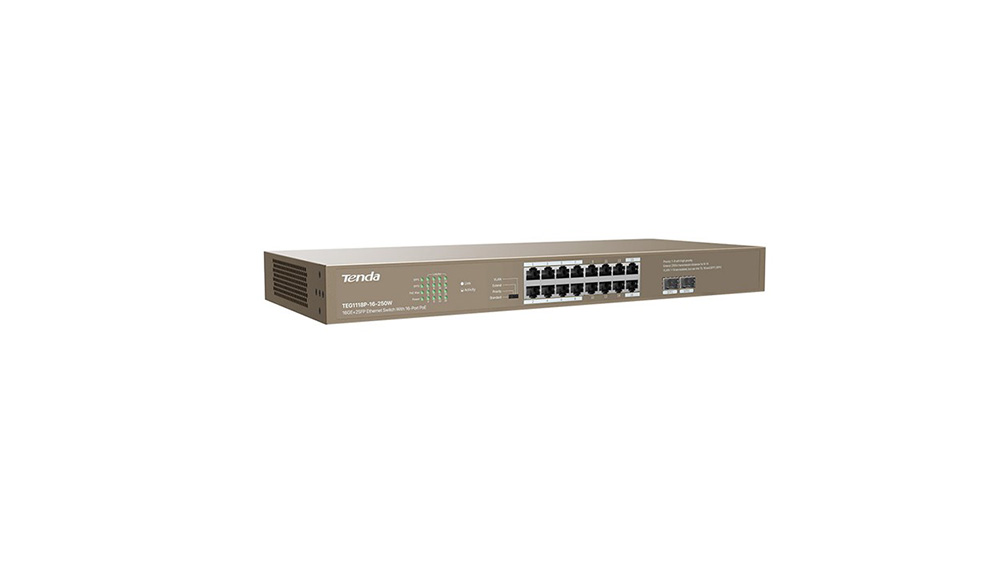 SWITCH POE CON 16 PUERTOS RJ45 BASE-T DE 100/1000 MBPS PARA TRANSMISIÓN DE DATOS Y SUMINISTRO DE ENERGÍA / 2 RANURAS SFP BASE-X DE 1000 MBPS / TABLA DE DIRECCIONES MAC DE 8 K Y APRENDIZAJE AUTOMÁTICO DE DIRECCIONES MAC / CONSUMO MÁXIMO DE ENERGÍA POR PUERTO: 30W / CONSUMO MÁXIMO DE ENERGÍA DEL SWITCH: 250 / PROTECCIÓN CONTRA RAYOS DE 6 KV / SUMINISTRO DE ENERGÍA POE DE 230 W / 16 PUERTOS RJ45 COMPATIBLES CON IEEE 802.3AT / CAPACIDAD DE CONMUTACIÓN: 36 GBPS / VOLTAJE DE ENTRADA: AC: 100-240V~50/60HZ / TEMPERATURA DE FUNCIONAMIENTO: 0℃45℃ (32℉ / 113℉) / MARCA TENDA
