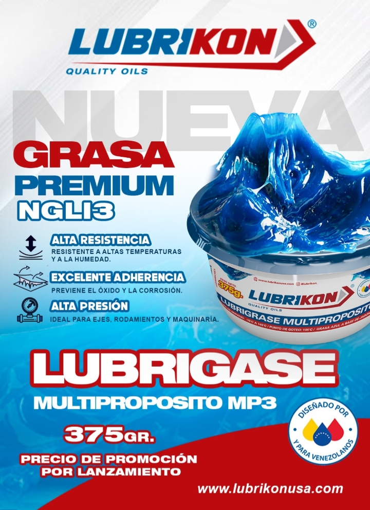 GRASA MULTIPROPOSITO MP3/ PREMIUM NGLI3/ PESO 375GR/ MARCA LUBRIKON