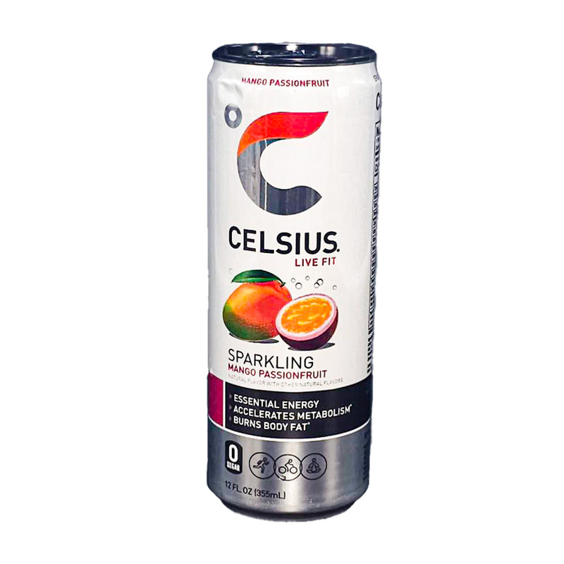 BEBIDA ENERGÉTICA // 12 ONZAS //  SABOR MANGO ESPUMOSA // MARCA CELSIUS
