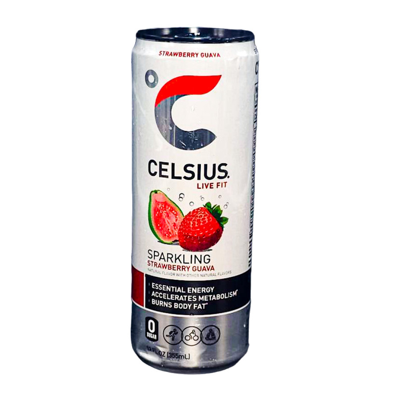 BEBIDA ENERGÉTICA // 12 ONZAS //  SABOR GUAYABA Y FRESA ESPUMOSA // MARCA CELSIUS