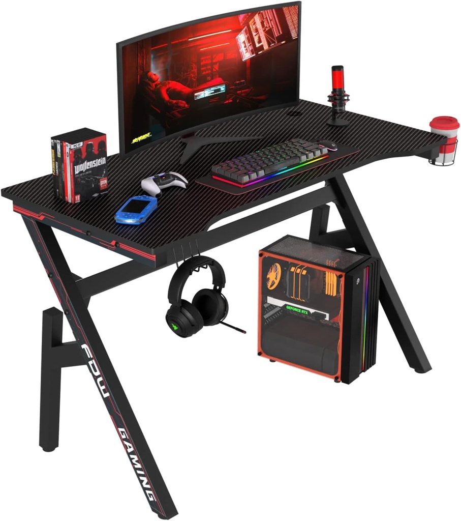 ESCRITORIO GAMER GD-R6086-RED | DIMENSIONES 45.2 X 23.4 X 30 PULGADAS | INCLUYE: PORTAVASOS, GANCHO PARA AURICULARES  | SUPERFICIE DE FIBRA DE CARBONO | 2 AGUJEROS PARA CABLES CON ENTRADA REGULABLE | DISEÑO ERGONÓMICO Y DURADERO | ENSAMBLAJE SENCILLO, INCLUYE LAS HERRAMIENTAS PARA ARMADO |  MARCA BESTOFFICE | COLOR ROJO