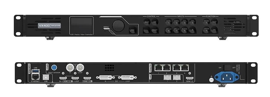 CONTROLADOR LED | TODO EN UNO | MODELO VX400 | CAPACIDAD MÁXIMA DE HASTA 2.6 MILLONES DE PIXELES, 10.240 PIXELES ANCHO MÁXIMO Y 8192 PIXELES ALTURA MÁXIMA | INTERFAZ: 1 X HDMI 1.3 (IN & LOOP), 1 X HDMI 1.3, 1 X DVI (IN & LOOP), 1 X 3G-SDI (IN & LOOP), 1 X OPTICAL FIBER PORT (OPT1) | 100V – 240V, 1.6A, 50/60HZ | MARCA NOVASTAR