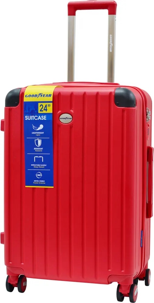 MALETA VIAJERA MEDIANA//24 PULGADAS//DIMENSIONES: 65x44x27 CM//CAPACIDAD DE 23 KG//CORREAS ELASTICAS//CERRADURA DE 3 DIGITOS (TSA LOCK)//RUEDAS ROTATIVAS 360º//MATERIAL ABS//COLOR ROJO//MARCA GOODYEAR