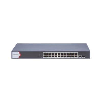 SWITCH GIGABIT POE+, ADMINISTRABLE, 24 PUERTOS 1000 MBPS POE+, 1 PUERTO 1000 MBPS UPLINK, 1 PUERTOS SFP UPLINK, MODO EXTENDIDO HASTA 300 METROS, 230 W, MARCA HIKVISION