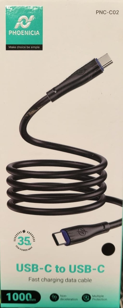CABLE DE CARGA RAPIDA, 35W, USB C A USB C, 1 METRO DE LARGO, COLOR NEGRO. MARCA PHONENCIA