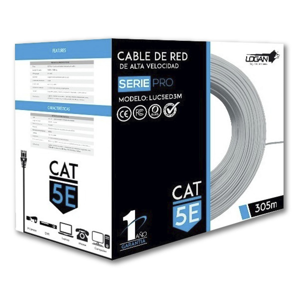BOBINA DE CABLE UTP CATEGORIA 5E | 305 METROS | SERIE PRO | 24 AWG | DIAMETRO 5,20 ± 0,20MM | MARCA LOGAN