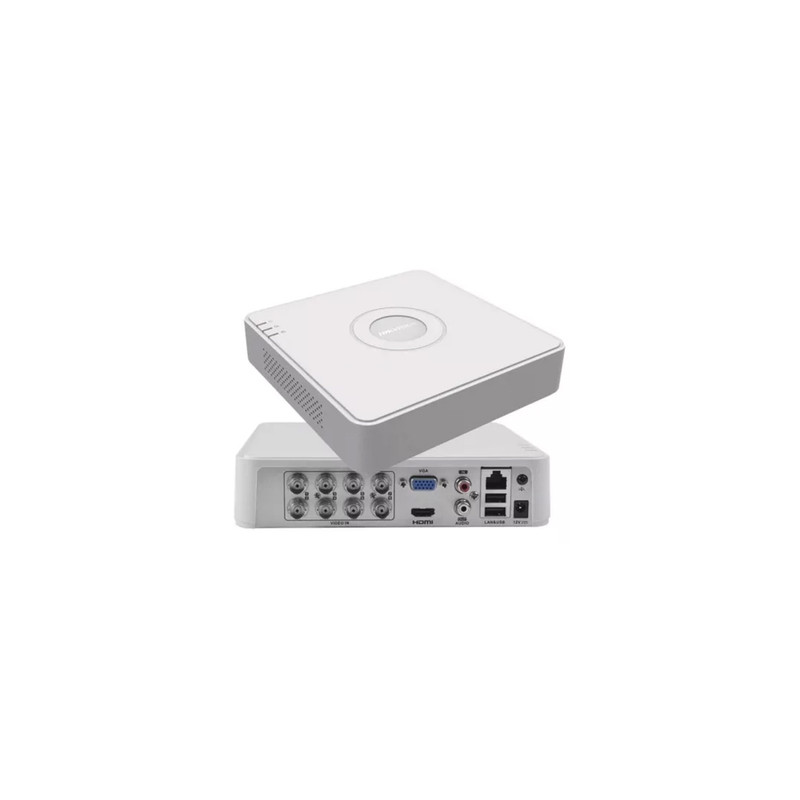 8CH All in One Hybrid DVR (Format: AHD, TVI, CVI, CVBS and IP Cameras) // Resolution: 1080P Lite@12FPS, 720p@30fps // 8CH IP Input Up to 960p // 1 CH Audio Input/Output // 2 USB Ports // 1 SATA Interface // HARD DRIVE NO INCLUDED MARCA HIKVISION