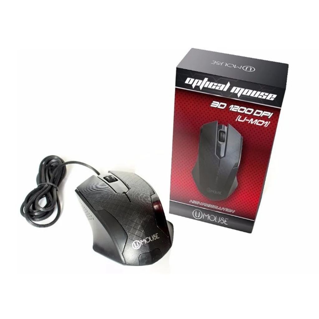 MOUSE USB MODELO U-M01// 3D 1200 DPI// CABLE 1.4M//COLOR NEGRO// MARCA U