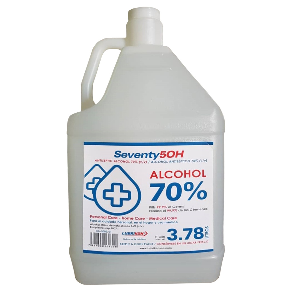 ALCOHOL ANTISÉPTICO// SOLUCIÓN HIDROALCOHOLICA (ALCOHOL ETÍLICO 70 %) V/V // CONTENIDO 3.78 LITROS// HECHO EN USA// MARCA SEVENTY  50H
