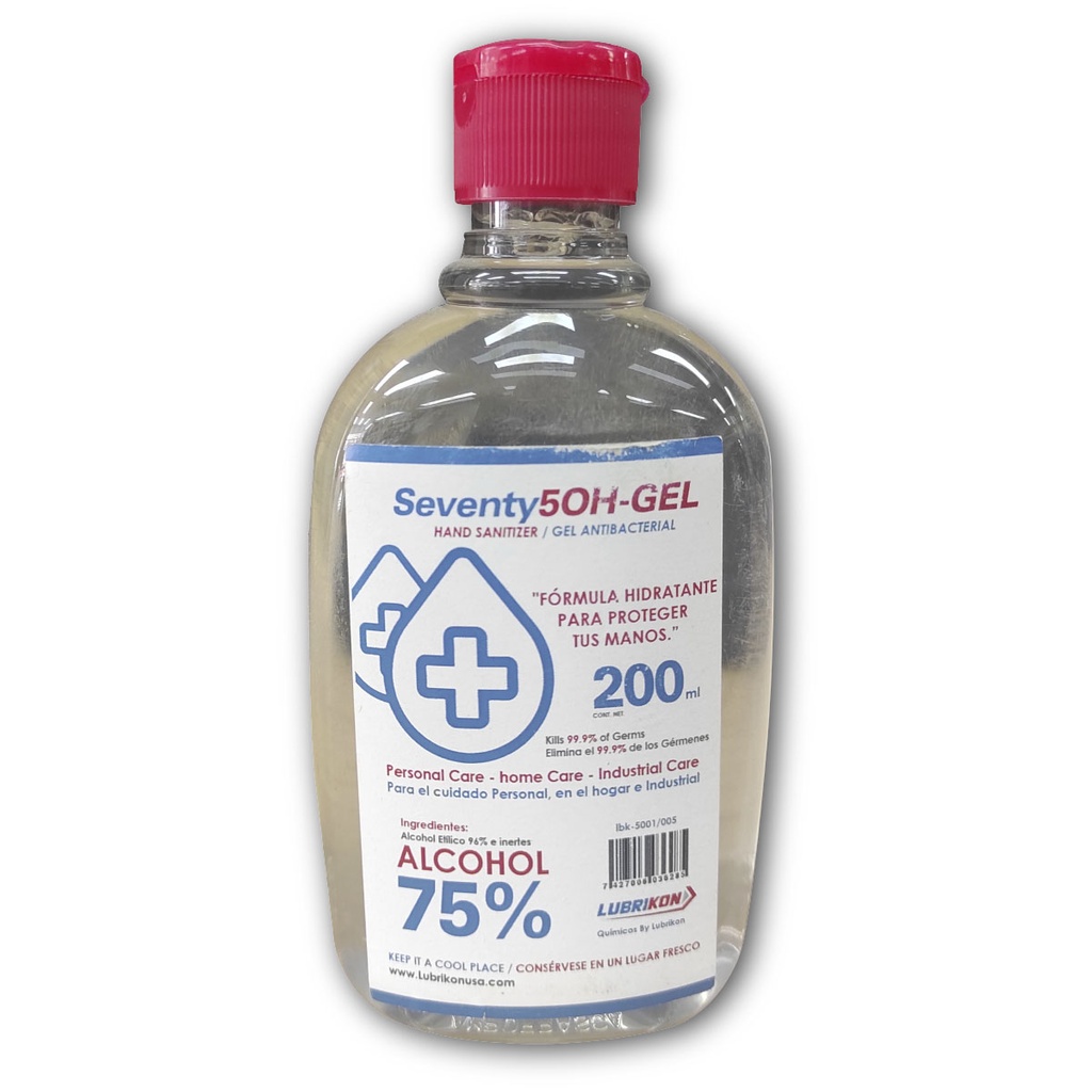 GEL ANTIBACTERIAL // 75% ALCOHOL// ALCOHOL ETÍLICO 96% E INERTES// CONTENIDO 200 CC// HECHO EN USA// MARCA SEVENTY 50H-GEL