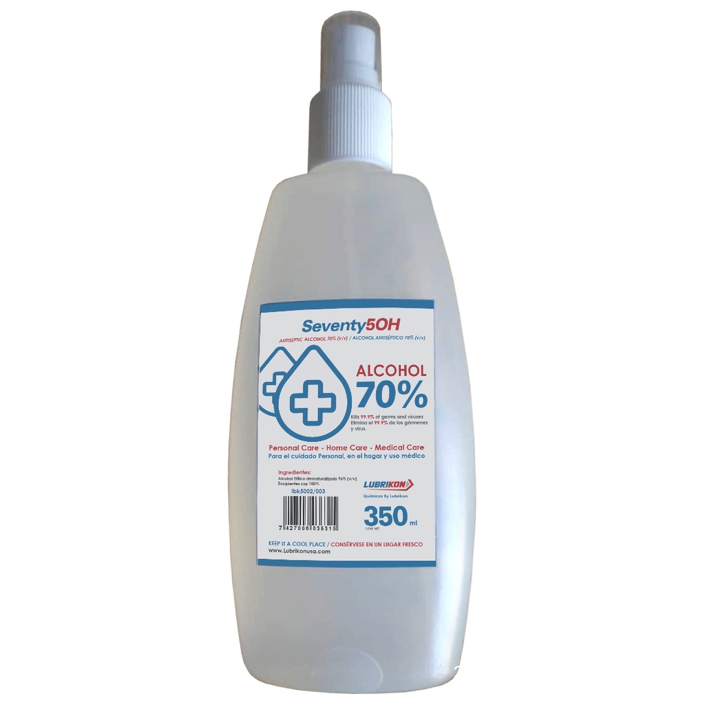 ALCOHOL ANTISÉPTICO//SOLUCIÓN HIDROALCOHOLICA (ALCOHOL ETÍLICO 70 %)V/V // CONTENIDO 350 ML// HECHO EN USA// MARCA SEVENTY 50H