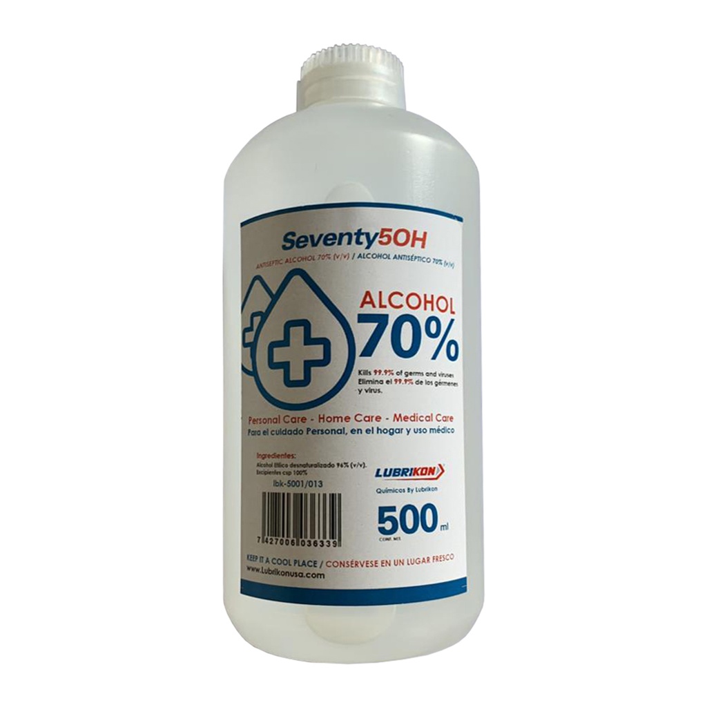 ALCOHOL ANTISÉPTICO//SOLUCIÓN HIDROALCOHOLICA (ALCOHOL ETÍLICO 70 %)V/V // CONTENIDO 500 ML// HECHO EN USA// MARCA SEVENTY 50H