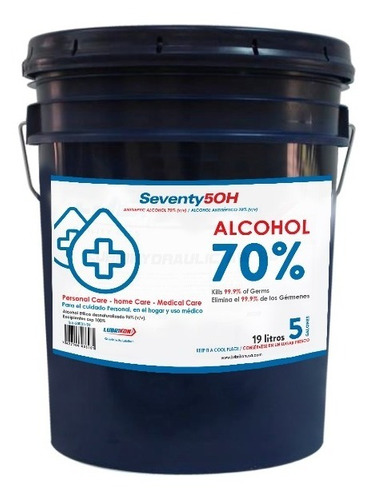 ALCOHOL ANTISÉPTICO// SOLUCIÓN HIDROALCOHOLICA (ALCOHOL ETÍLICO 70 %) V/V // CONTENIDO 5 GALONES// 19 LITROS// MARCA SEVENTY 50H
