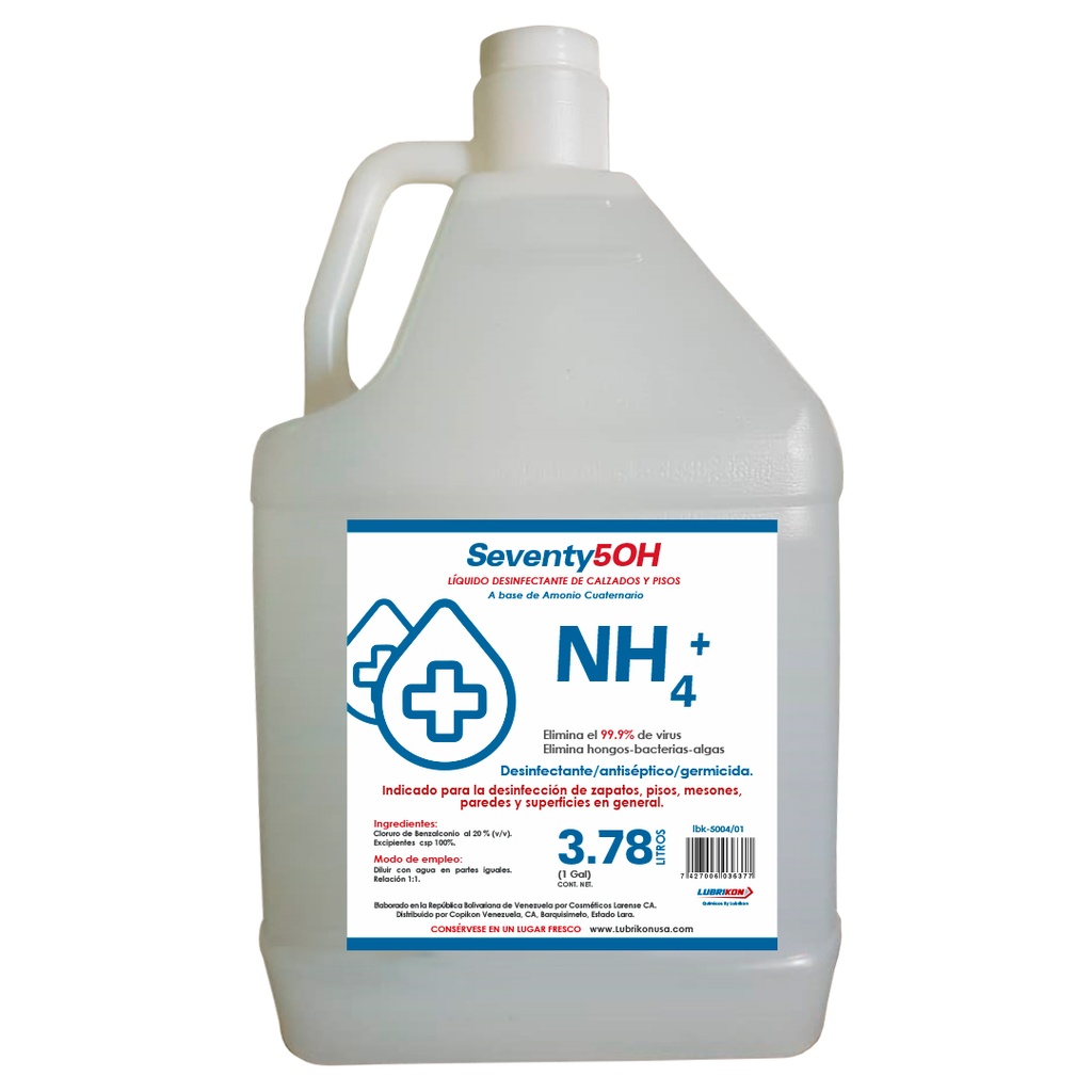 LIQUIDO DESINFECTANTE DE CALZADOS Y PISOS // NH4+// AMONIO CUATERNARIO// CONTENIDO 3.78 LITROS// HECHO EN USA// MARCA SEVENTY 50H