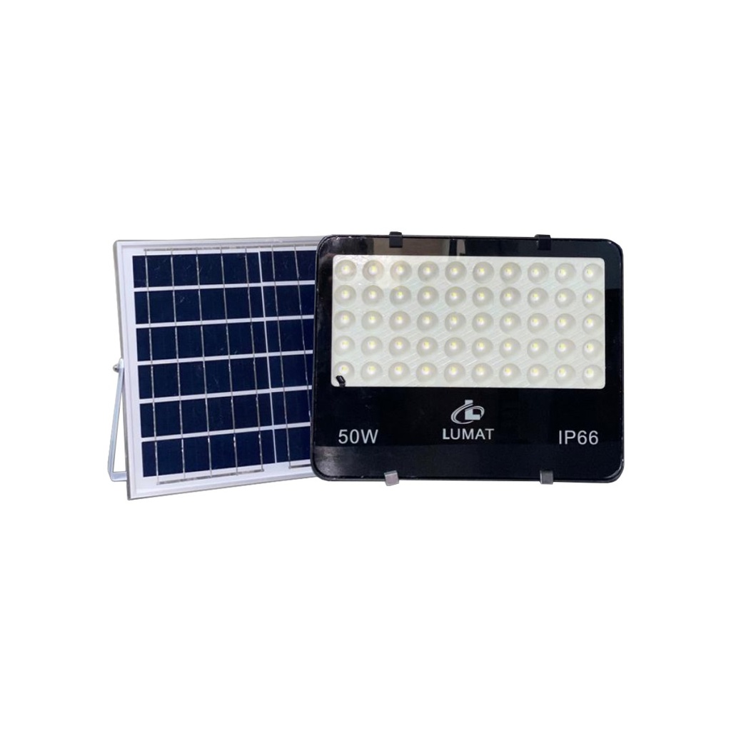 REFLECTOR LED CON PANEL SOLAR 50W// PANEL DE 12 VOLTIOS// RESITENTE A LA LLUVIA// INCLUYE CONTROL REMOTO// MARCA LUMAT