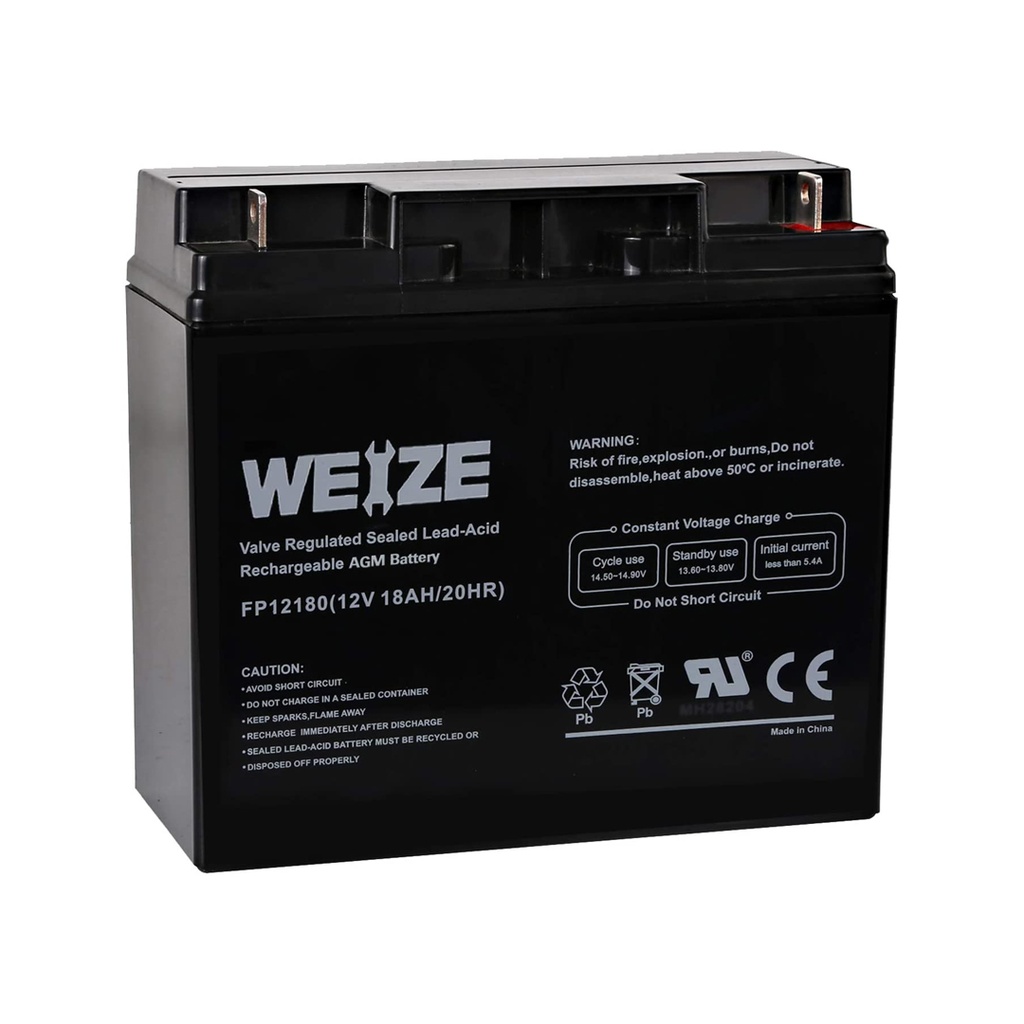 BATERÍA RECARGABLE DE PLOMO ÁCIDO SELLADA // CAPACIDAD DE 18 AH 12 V //
MARCA WEIZE, MODELO FP12180 // TERMINAL DE COBRE F3 // MANTENIMIENTO
GRATIS // MARCA WEIZE, MODELO FP12180