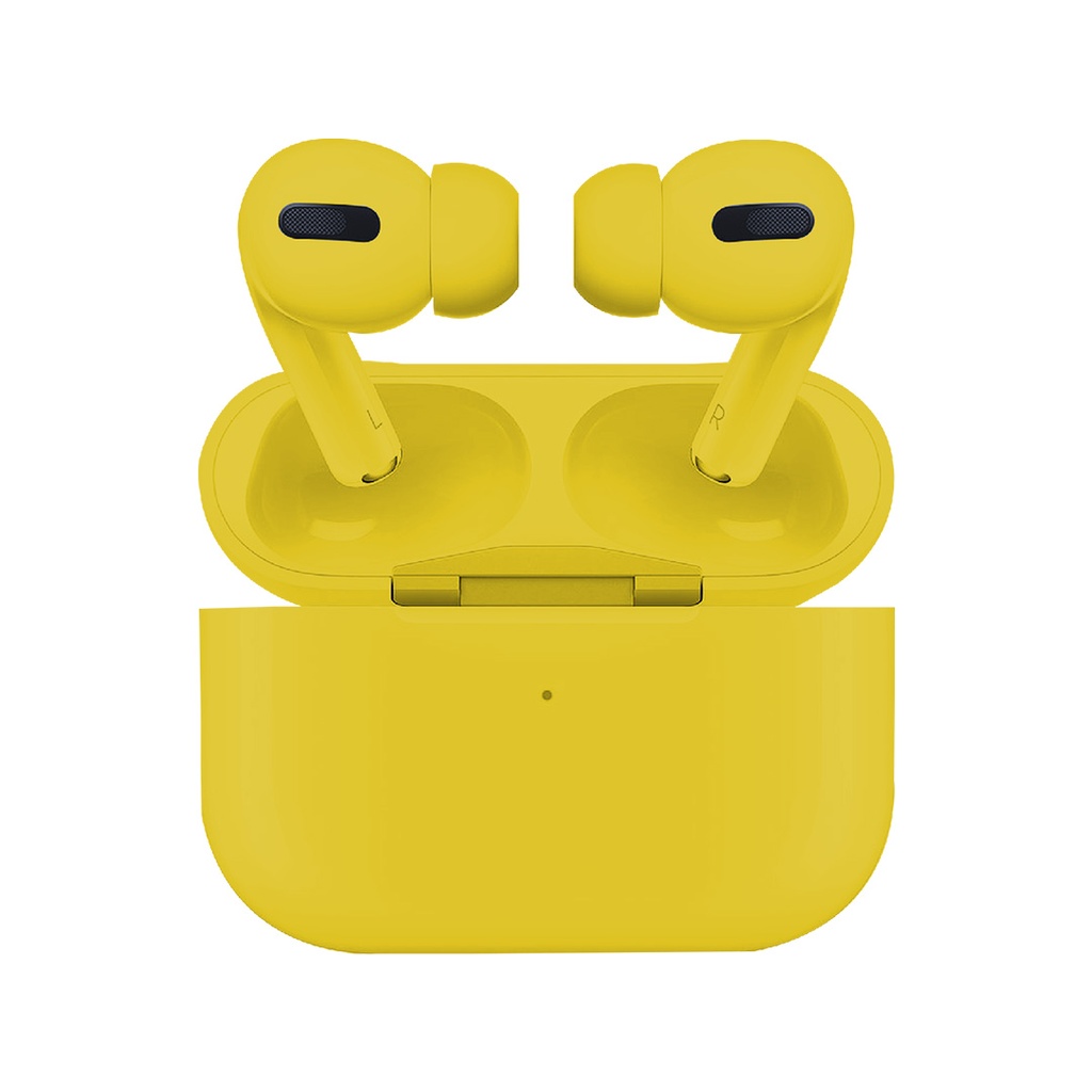 AUDIFONO, COLOR AMARILLO, AIRPODS PRO MACAROON, BLUETOOTH BT 5.0 DISTANCIA 10-20 METROS, TIEMPO DE CARGA UNOS 40 MINUTOS, BATERIA EN CADA AURICULAR 45 MAH, ESTUCHE DE CARGA 300 MAH.
