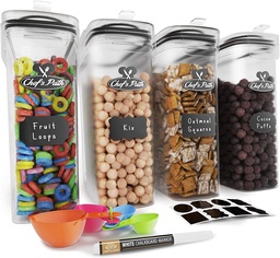 [CEREALCONTAINER4PACKCHEF] 4 CONTENEDORES HERMÉTICOS DE ALMACENAMIENTO DE ALIMENTOS, ORGANIZACIÓN DE COCINA Y DESPENSA, 8 ETIQUETAS, JUEGO DE CUCHARA Y BOLÍGRAFO, IDEAL PARA HARINA, DISPENSADORES SIN BPA (135.2OZ) / MARCA CHEF'S PATH