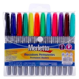 [CMARCADPERM12BUL] MARCADORES PERMANENTES / PUNTA REDONDA / PAQUETE DE 12 COLORES VARIADOS / MARCA MERLETTO
