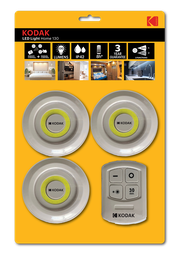 [KDKLEDHOME130] LUCES LED INALAMBRICAS / CON CONTROL REMOTO / POTENCIA 130 LUMENES / 2 FUNCIONES: 100% Y 50% POTENCIA / RESISTENTE AL CLIMA IP42 / RANGO DE 10 METROS / PROGRAMABLE POR 30 MINUTOS / UTILIZA BATERIAS AAA / MARCA KODAK / MODELO LED HOME 130