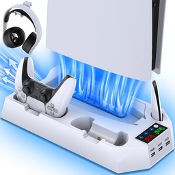 [CYKOARMOR] SOPORTE PARA PLAYSTATION 5 // ESTACIÓN DE REFRIGERACIÓN CON ESTACIÓN DE CARGA DE DOBLE // CONTROLADOR PARA CONSOLA PLAYSTATION 5 // INCLUYE VENTILADOR DE REFRIGERACIÓN, SOPORTE PARA AURICULARES, 3 CONCENTRADORES USB, RANURA MULTIMEDIA, TORNILLO // COLOR BLANCO // MODELO STAND-WHITE