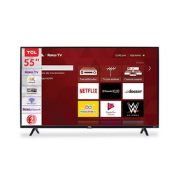 [CTCL55S425] TELEVISOR SMART 55" CLASE UHD TV LED / RESOLUCIÓN 4K
(3840×2160) / FRECUENCIA DE ACTUALIZACIÓN EFECTIVA 60HZ /
FUNCIONALIDAD INTELIGENTE: ROKU TV / 3 HDMI / 1 Entrada de
audio / 1 USB 2.0 / WIFI y RJ45 / MARCA TCL